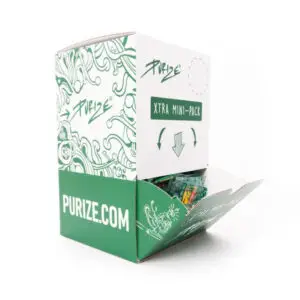 PURIZE Aktivkohlefilter XTRA Slim Size, Minipack 100 x 5 Stück, inkl. Verkaufsdisplay, Farbmix