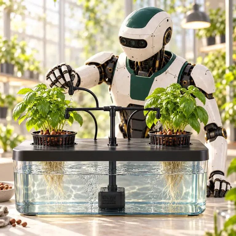 Roboter prüft Bewässerung und Hydroponik