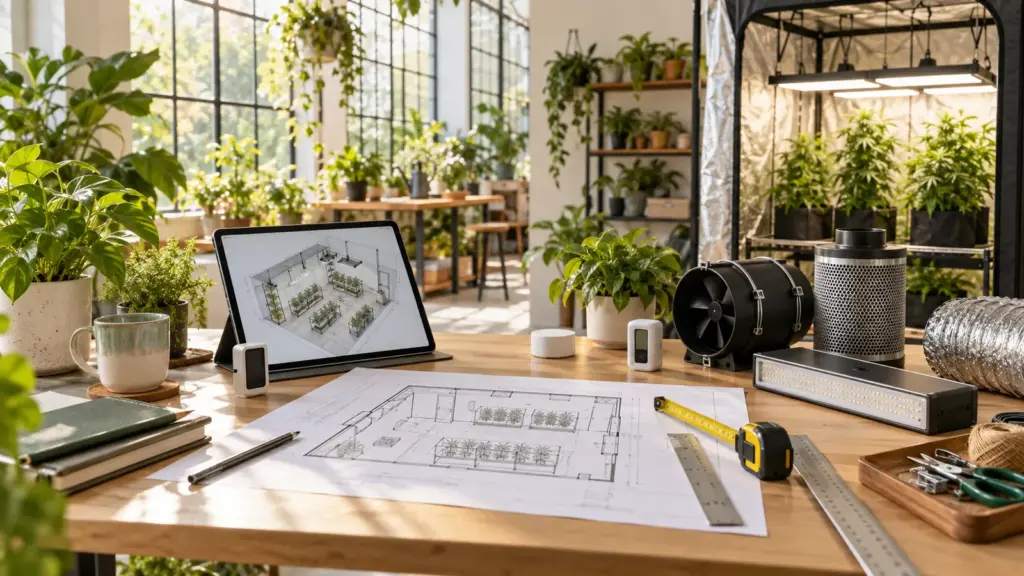 Technische Planung eines Indoor-Grow-Setups mit Raumskizze, Messtechnik und Komponenten