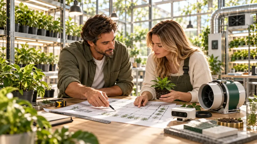 Zwei Personen planen eine technisch ausgestattete Anbaufl&auml;che