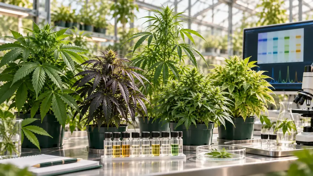 Unterschiedliche Cannabisblätter und Blütenproben in sachlicher Vergleichsanordnung