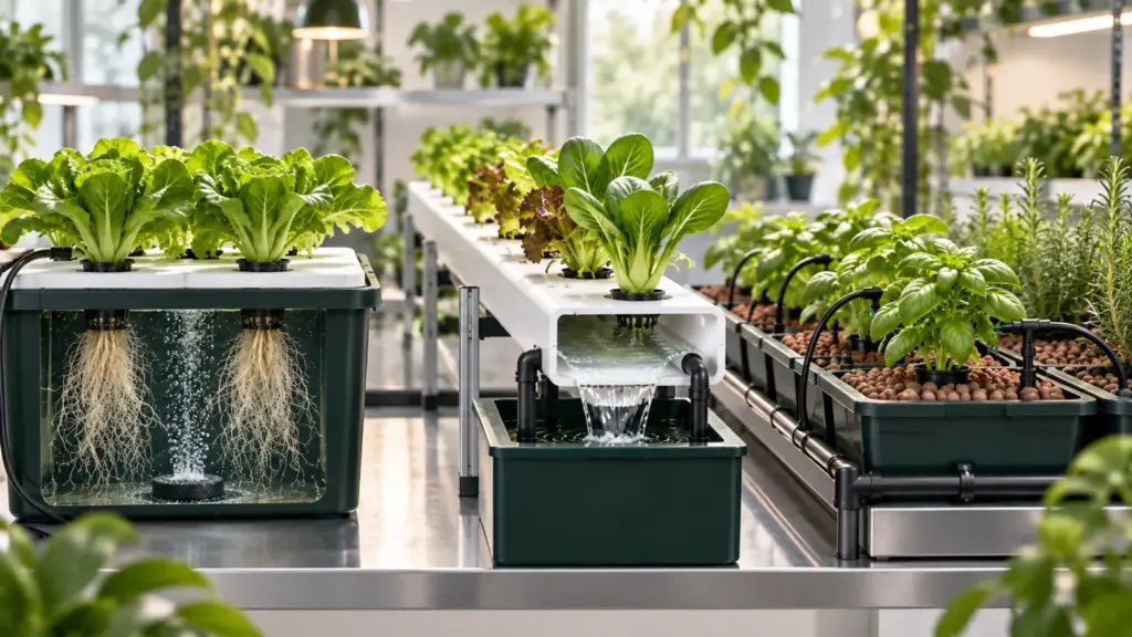 Drei Hydroponiksysteme mit sichtbaren Wurzeln und Wasserführung