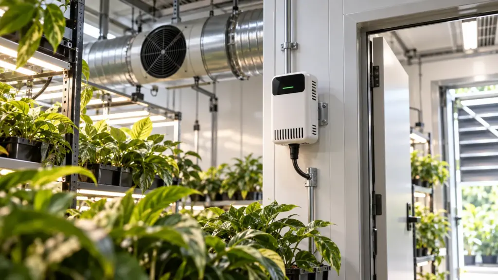 Kontrollierter Indoor-Pflanzenraum mit CO₂-Sensor und sicherer Luftführung