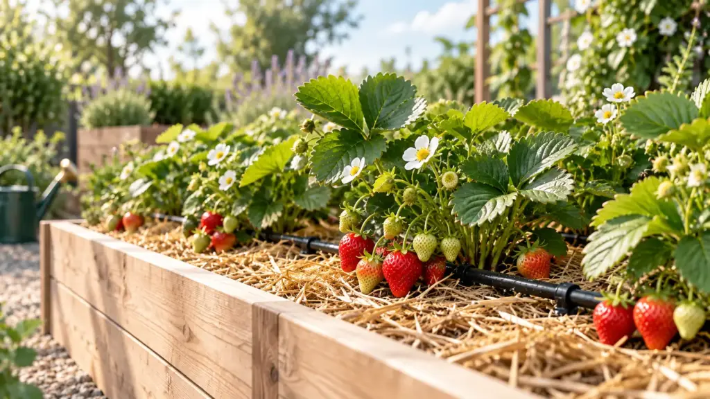 Reife Erdbeeren in einem gepflegten sonnigen Hochbeet