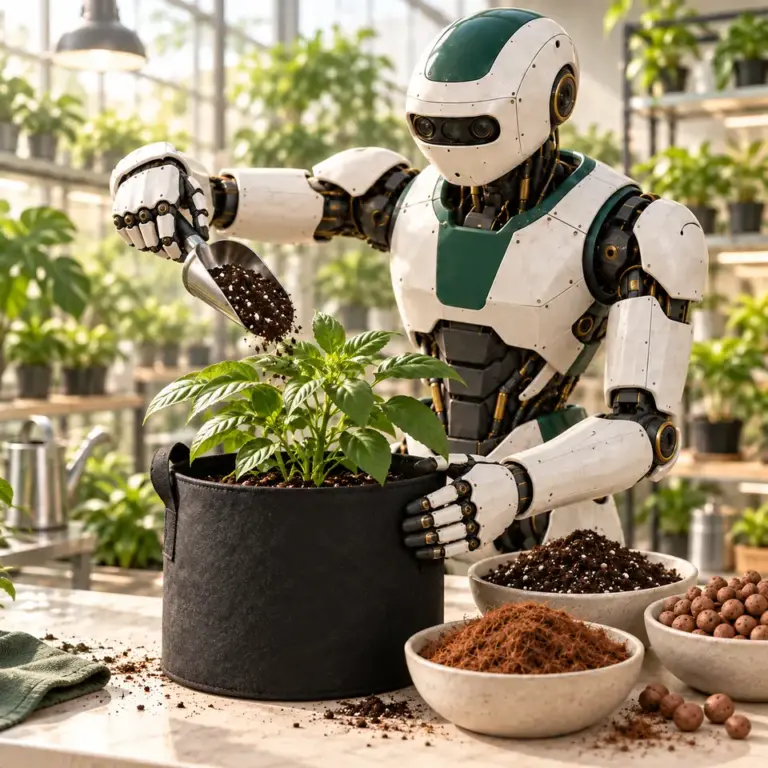 Roboter befüllt Töpfe mit Substrat